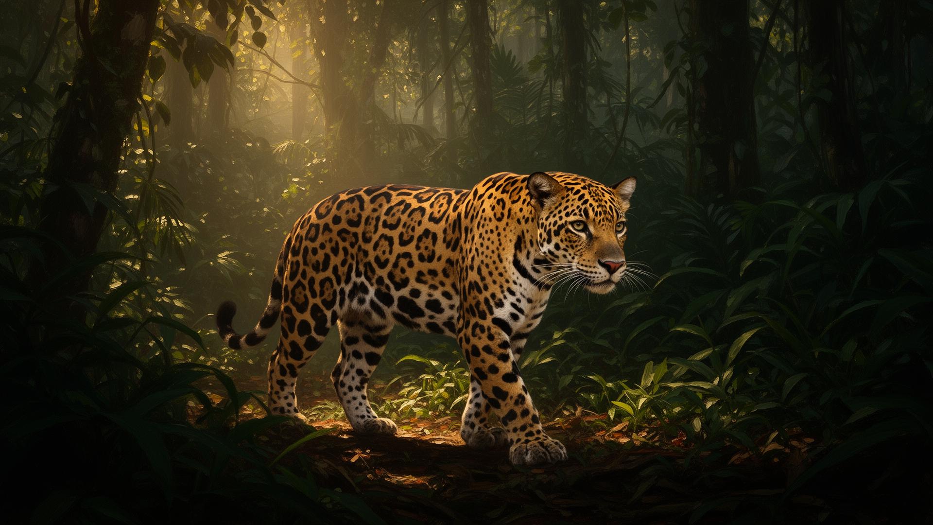 Onça moving silently through Amazon rainforest